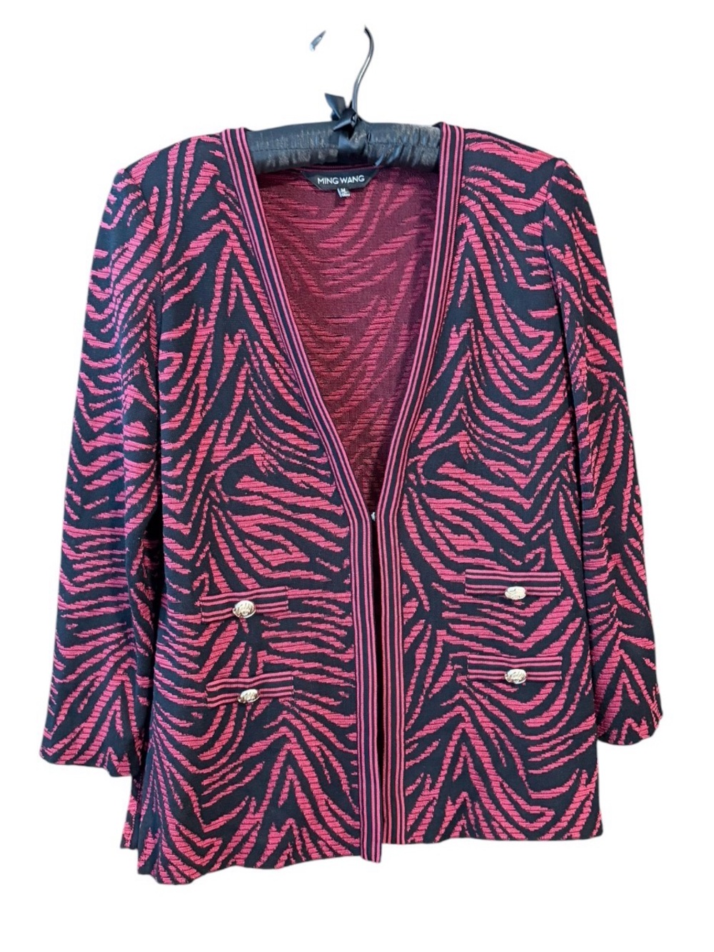 Ming Wang Black and Red Zebra-Print Knit Cardigan Blazer w/ Gold Buttons